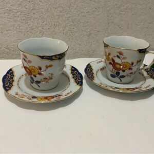 Premiere Fine China #ME217 Canton Cups  Saucers Floral Blue Yellow Red set 2 G14